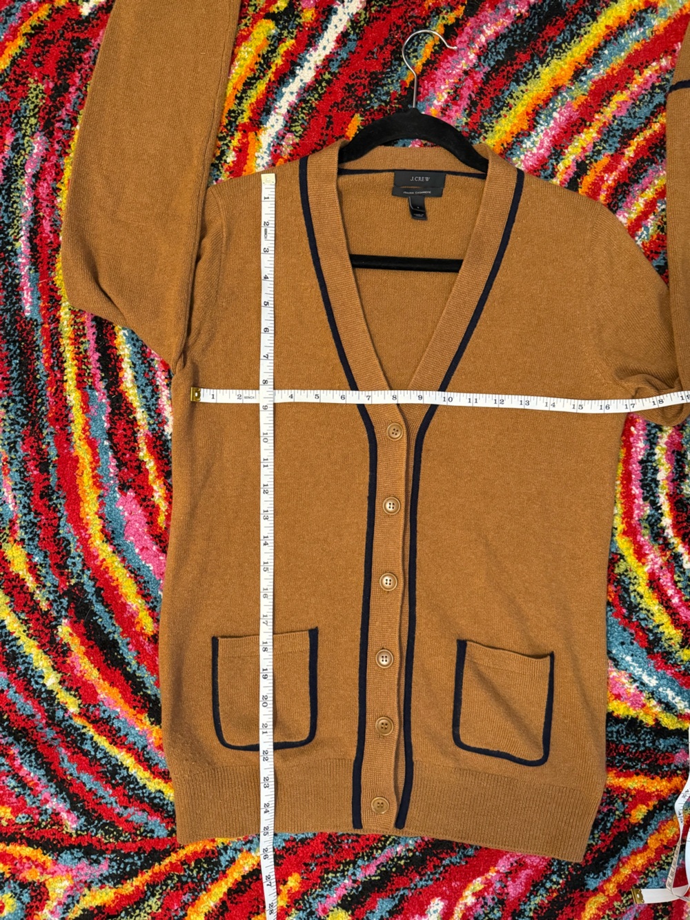 J.Crew tipped Cashmere V-neck Carmel w/ black so soft cardigan sweater sz small - Picture 6 of 6